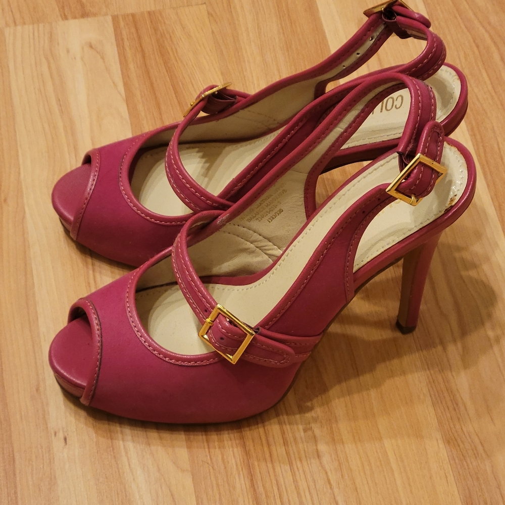 Pink peep toe mary jane heels